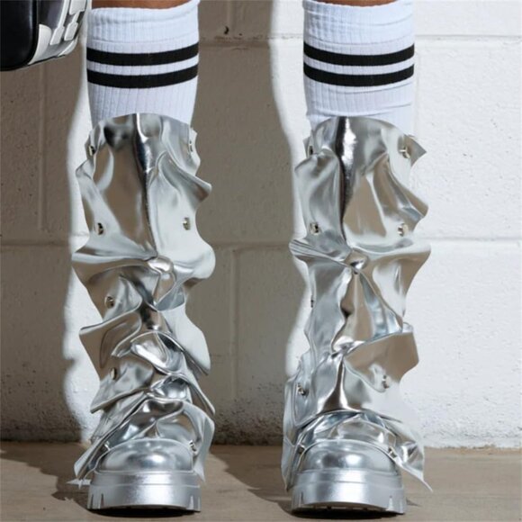 Women's Synthetic Silver Shin Metallic Chunky Sole Unique Wrinkled Long Boots - Picture 6 of 6